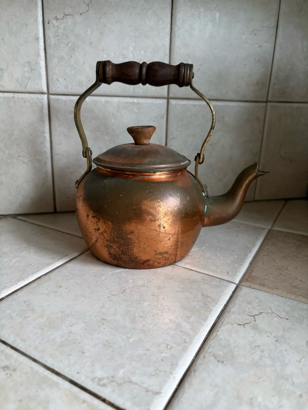 Antique Copper-Finish Tea Kettle with Wooden Handle